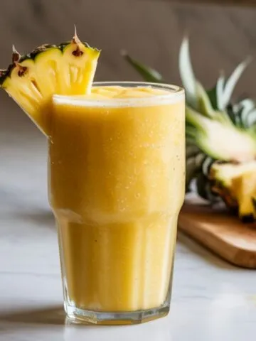 Homemade pineapple smoothie recipe in a glass with pineapple chunks on a white marble counter