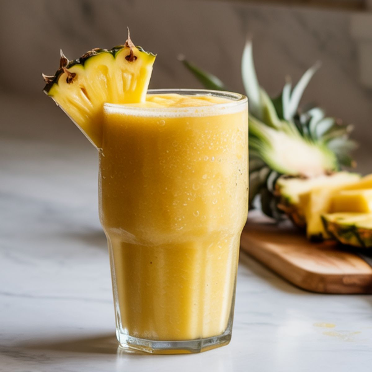 Homemade pineapple smoothie recipe in a glass with pineapple chunks on a white marble counter