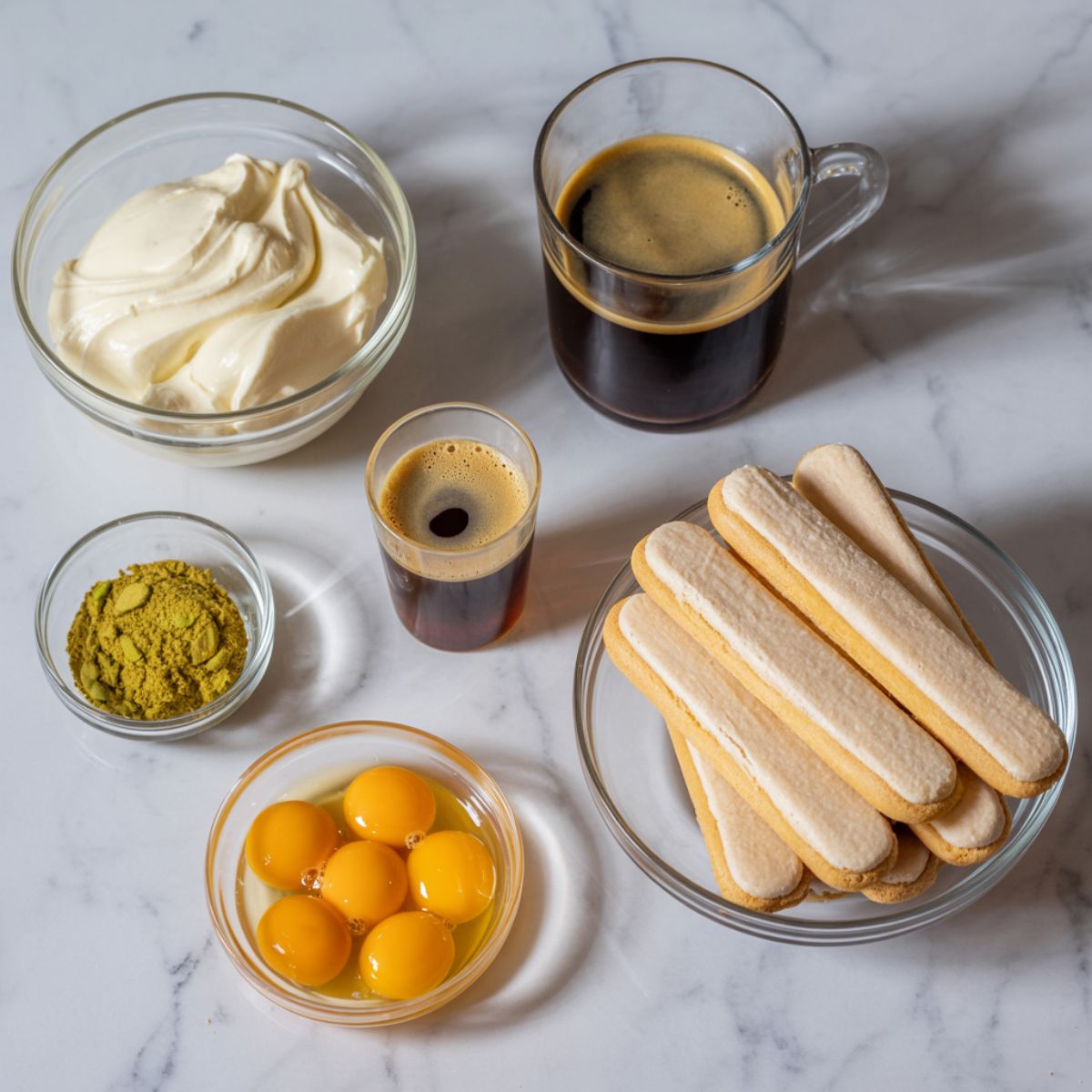 Overhead image of tiramisu ingredients including mascarpone, pistachio paste, egg yolks, espresso, and ladyfingers