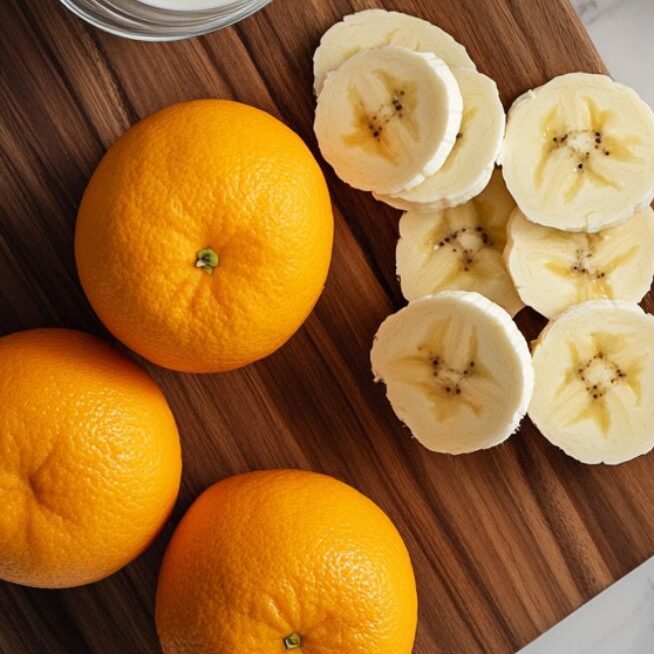 Peeling and preparing fresh ingredients for orange smoothie
