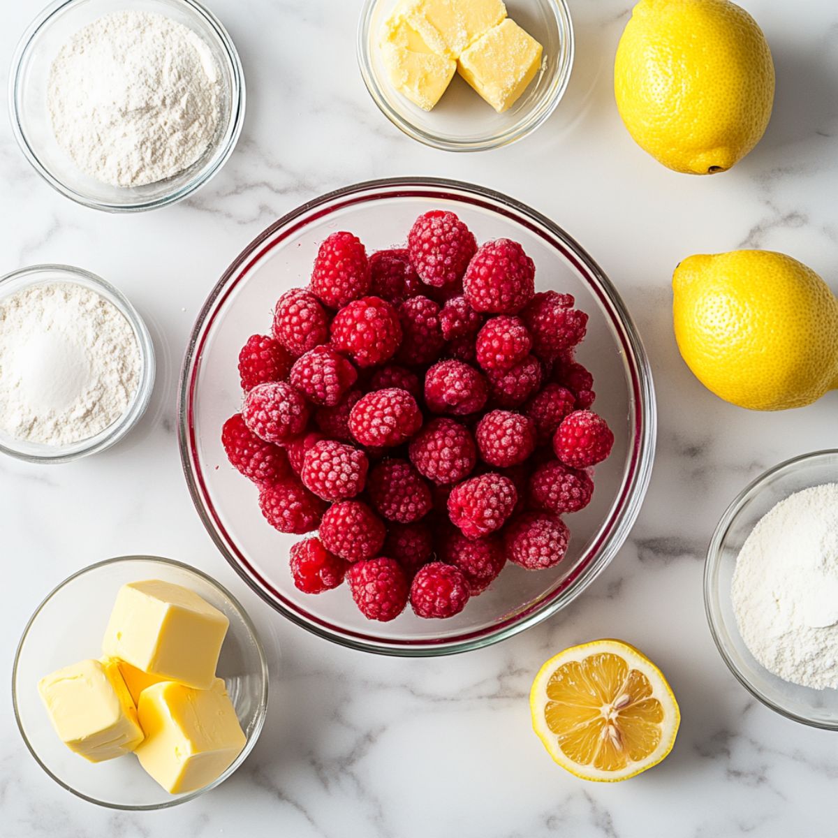 Ingredients for raspberry tart recipe including raspberries, butter, flour, egg, and lemon on a marble