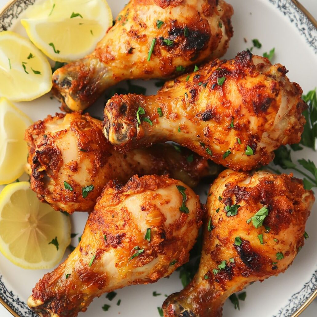 Rested and served crispy chicken drumsticks with lemon wedges on a plate.