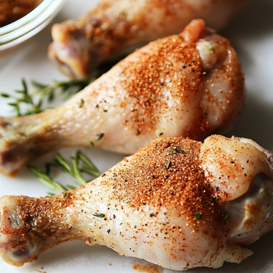 Seasoning chicken drumsticks on a marble kitchen counter with spices in a small glass bowl.