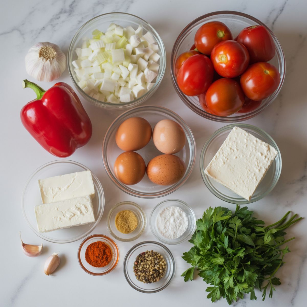 Raw ingredients for shakshuka with feta recipe arranged in glass bowls on a marble counter

