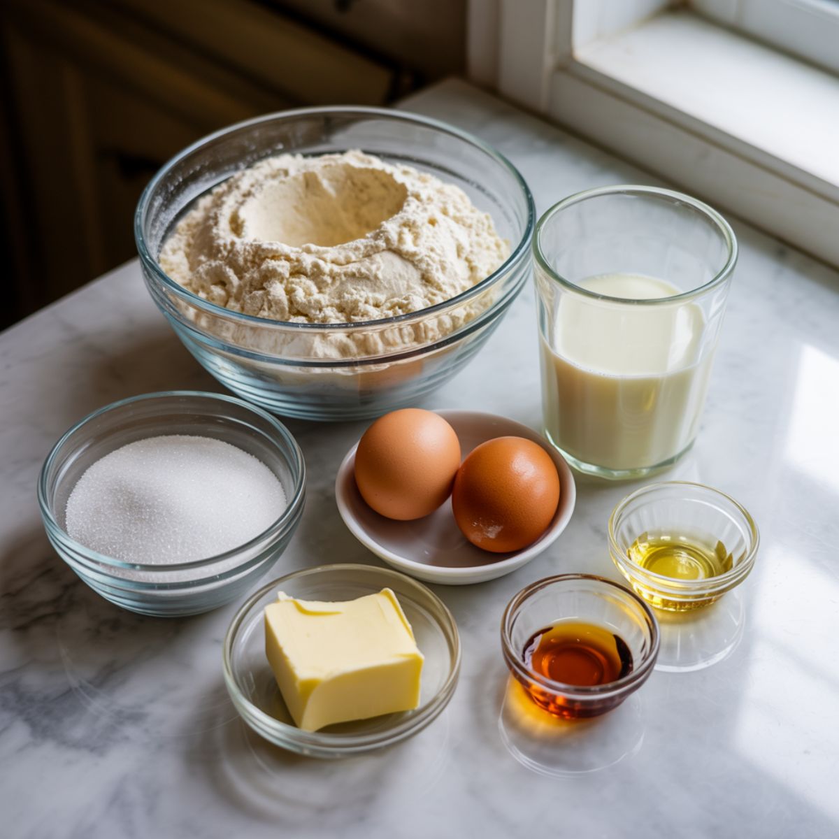 Sourdough donuts recipe. ingredients arranged on a white kitchen counter including flour, eggs, milk, sugar, butter, and vanilla.