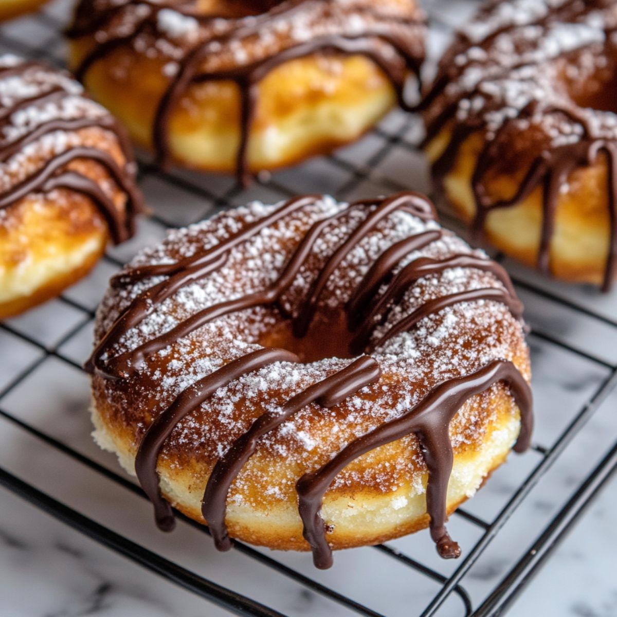 A batch of sourdough donuts recipe ,with chocolate glaze, powdered sugar, and cinnamon sugar on a cooling rack.