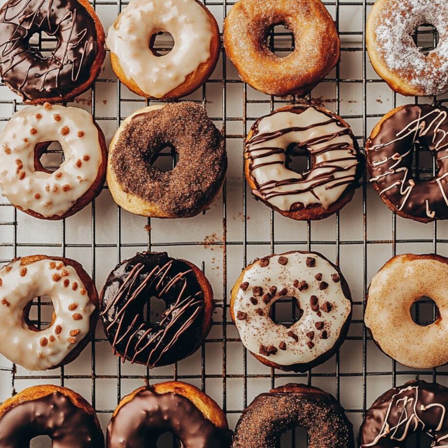 A batch of finished sourdough donuts cooling on a rack with different glazes and toppings.