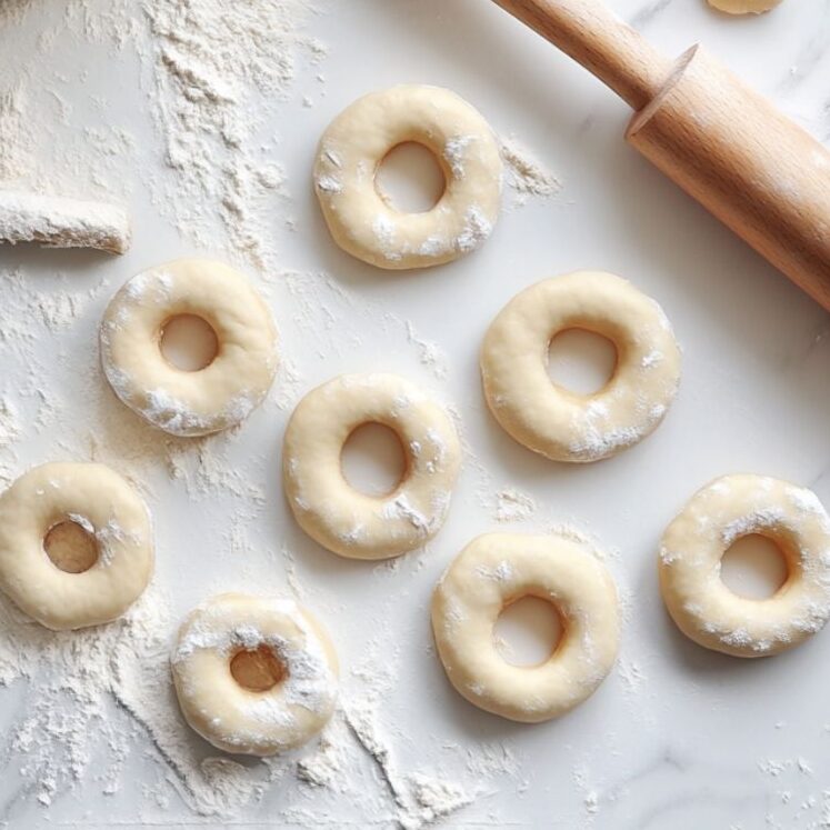 Rolled-out sourdough donut dough with cut circles, a rolling pin, and a cutter on a floured marble countertop, with donuts frying in a pot nearby.