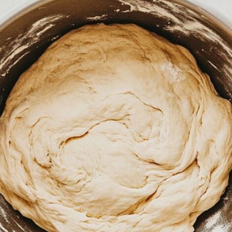 Hands kneading sourdough donut dough in a metal mixing bowl on a floured marble countertop.
