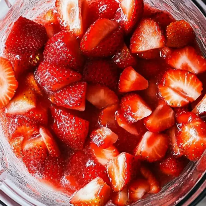 Blending fresh strawberries and sugar in a glass blender on white marble