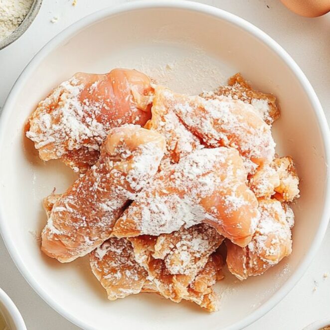 Chicken breasts being coated in flour and breadcrumbs