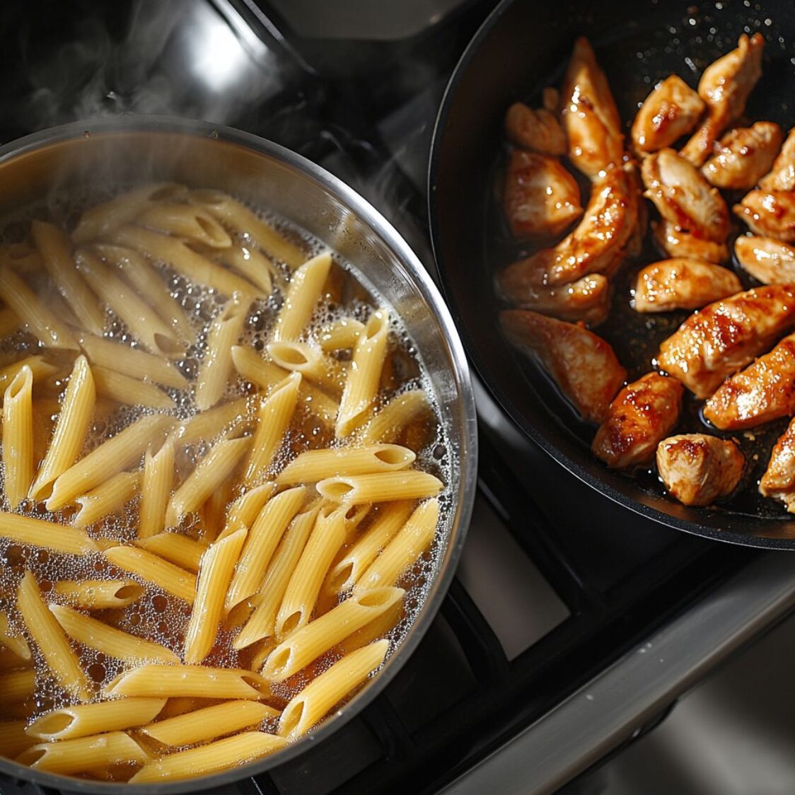 Boiling pasta and cooking chicken on a white marble kitchen counter