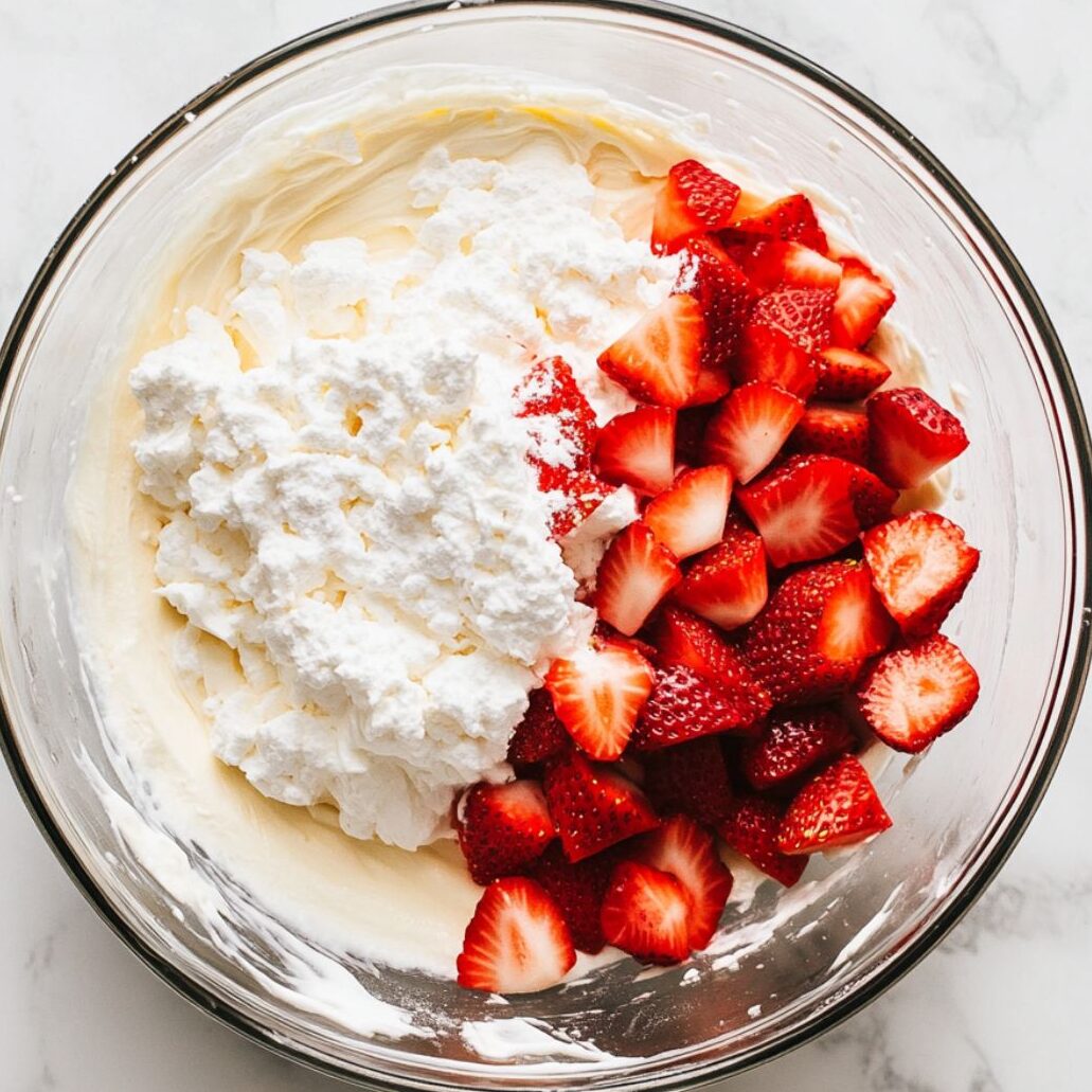 Cream cheese and strawberries being mixed for filling