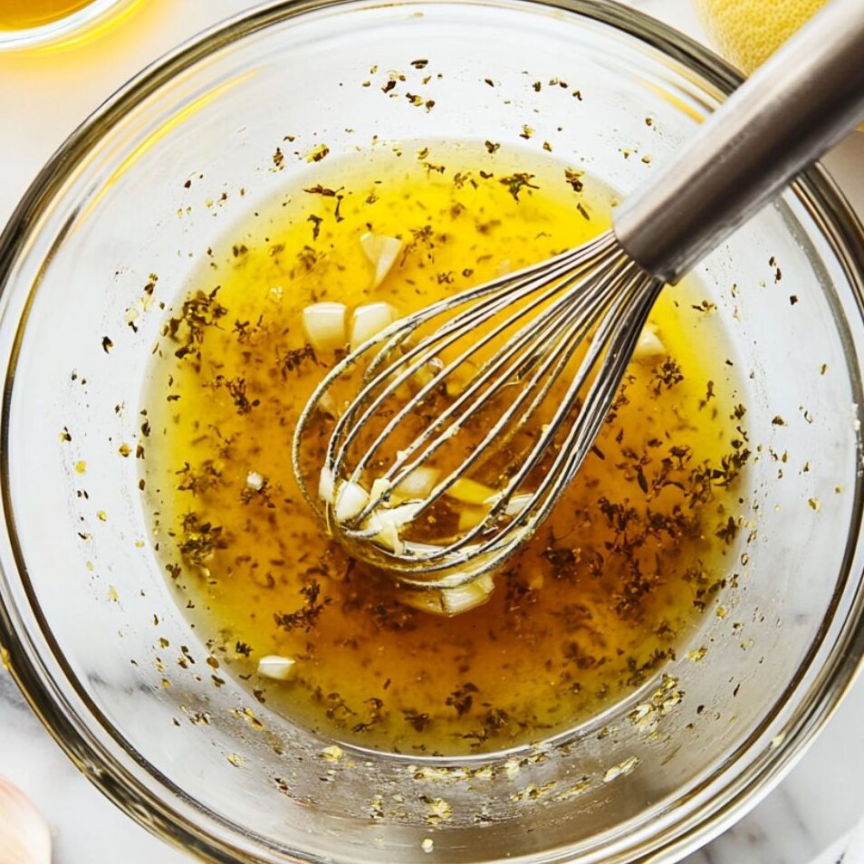 Making Greek chicken marinade with lemon, garlic, oregano, and olive oil in a glass bowl.