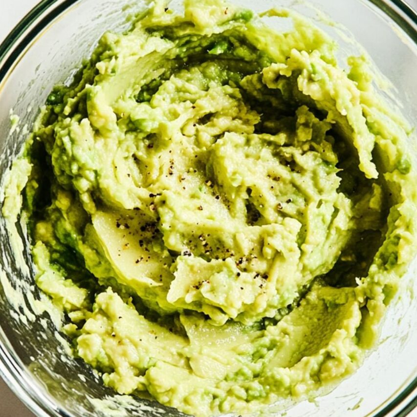 Mashing avocado with lemon juice, salt, and pepper in a glass bowl on white marble