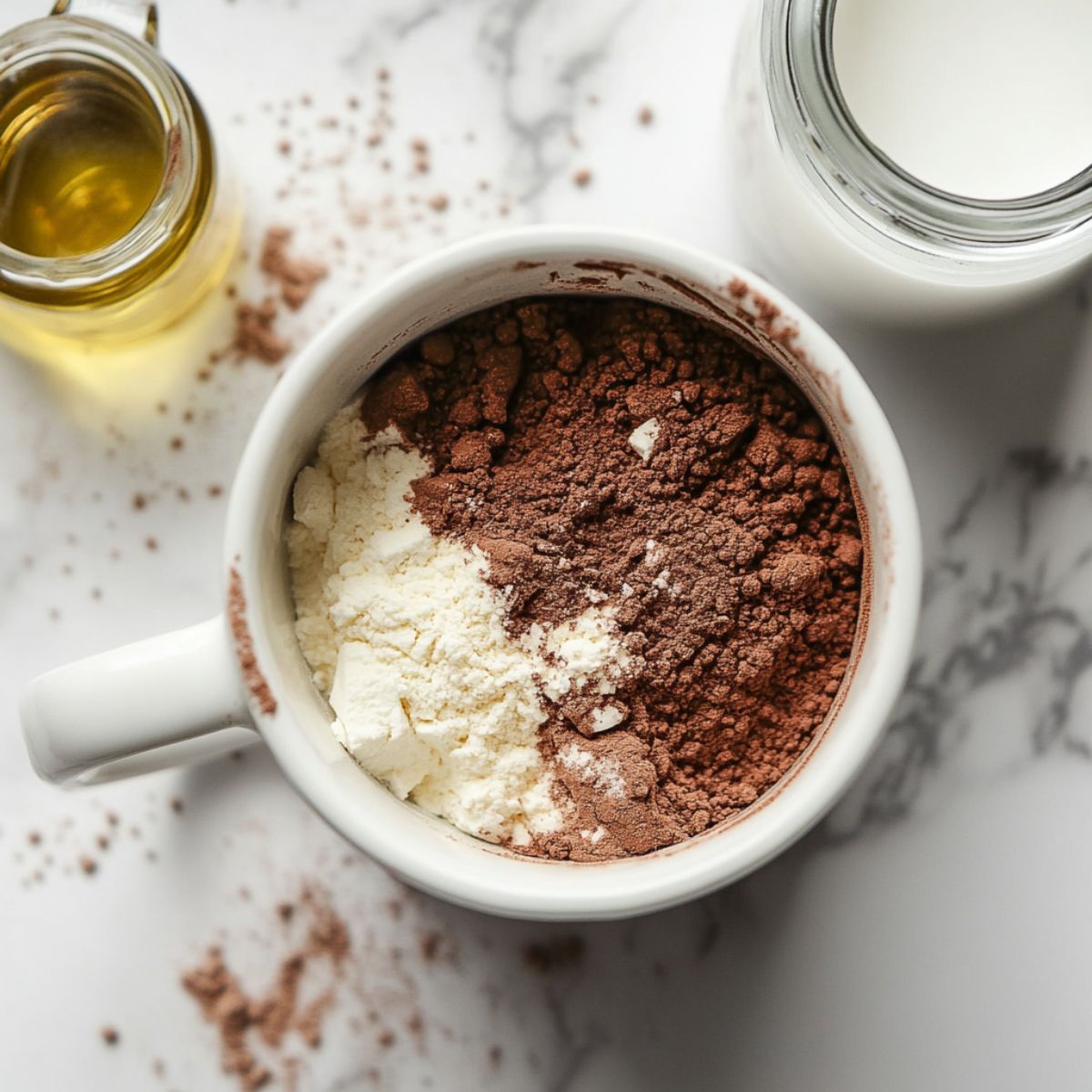 Dry and wet ingredients being mixed in a white mug with a fork on a white counter