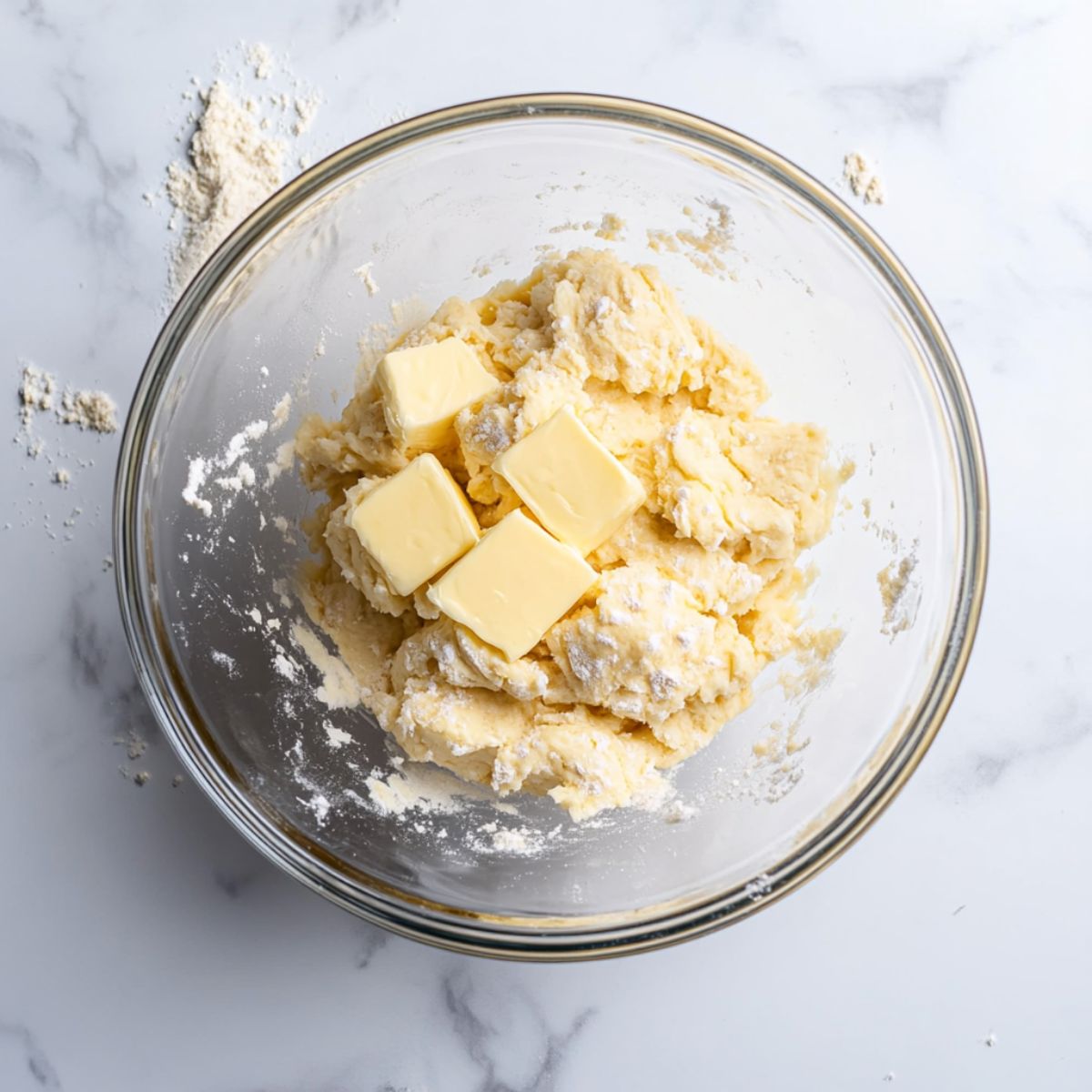 Mixing almond scone dough with butter chunks visible in a glass bowl
