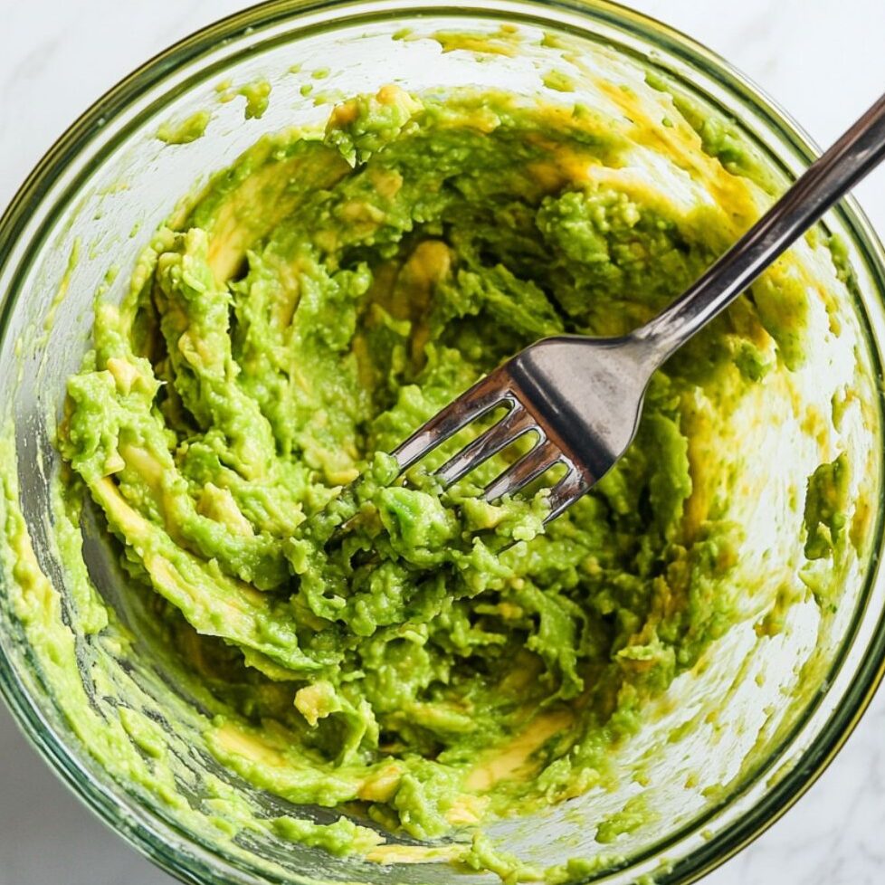 Mashing ripe avocados in a glass bowl for the avocado brownies recipe