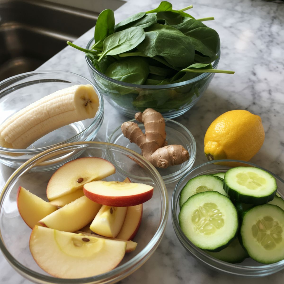 Prepped ingredients for Green Detox Smoothie on marble counter.