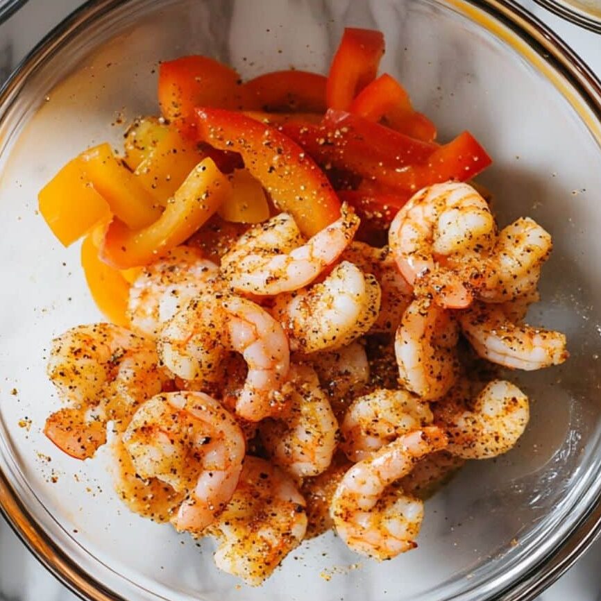 Shrimp being seasoned with cajun spice in a glass bowl with other ingredients nearby.