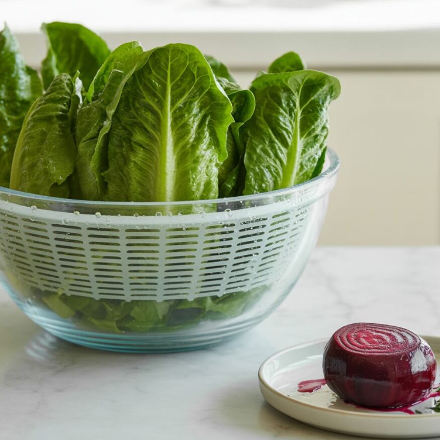 Washed greens drying in a salad spinner next to sliced roasted beet on a marble kitchen counter.