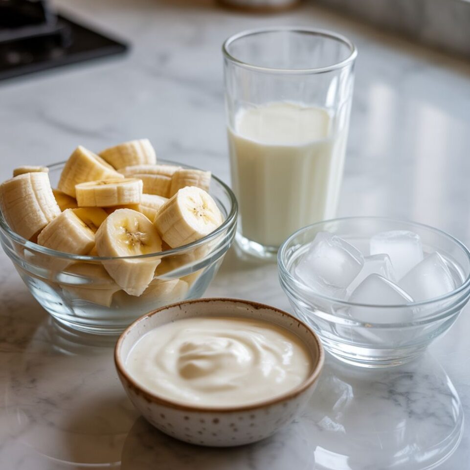 Bananas broken into chunks and other ingredients prepped on the counter