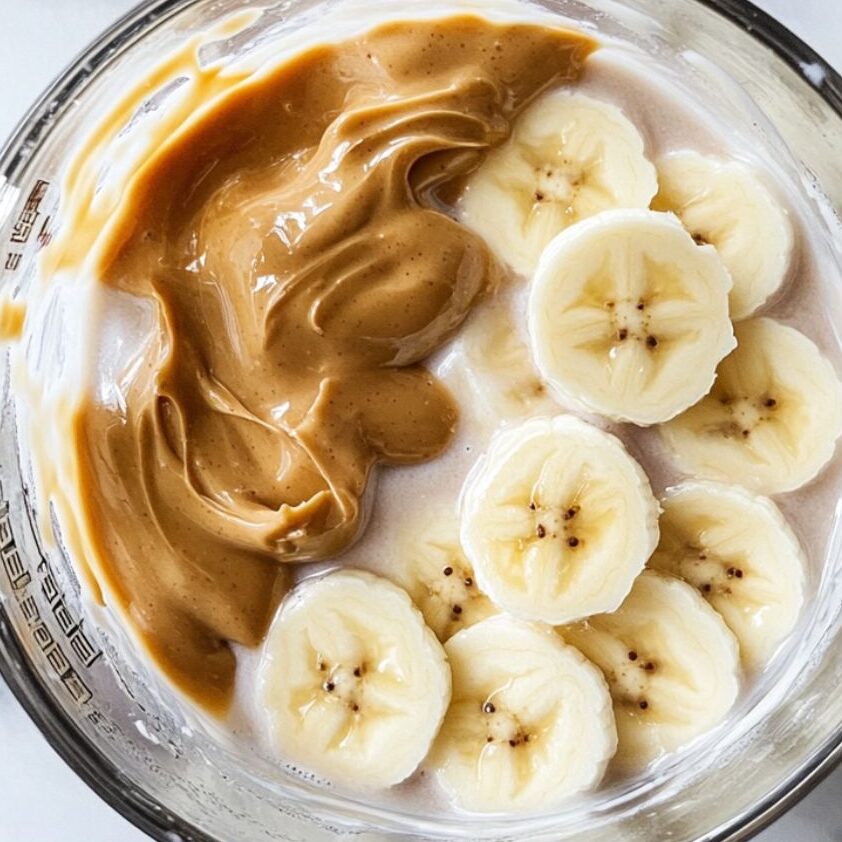 Blender with milk, banana, and peanut butter on a white marble counter