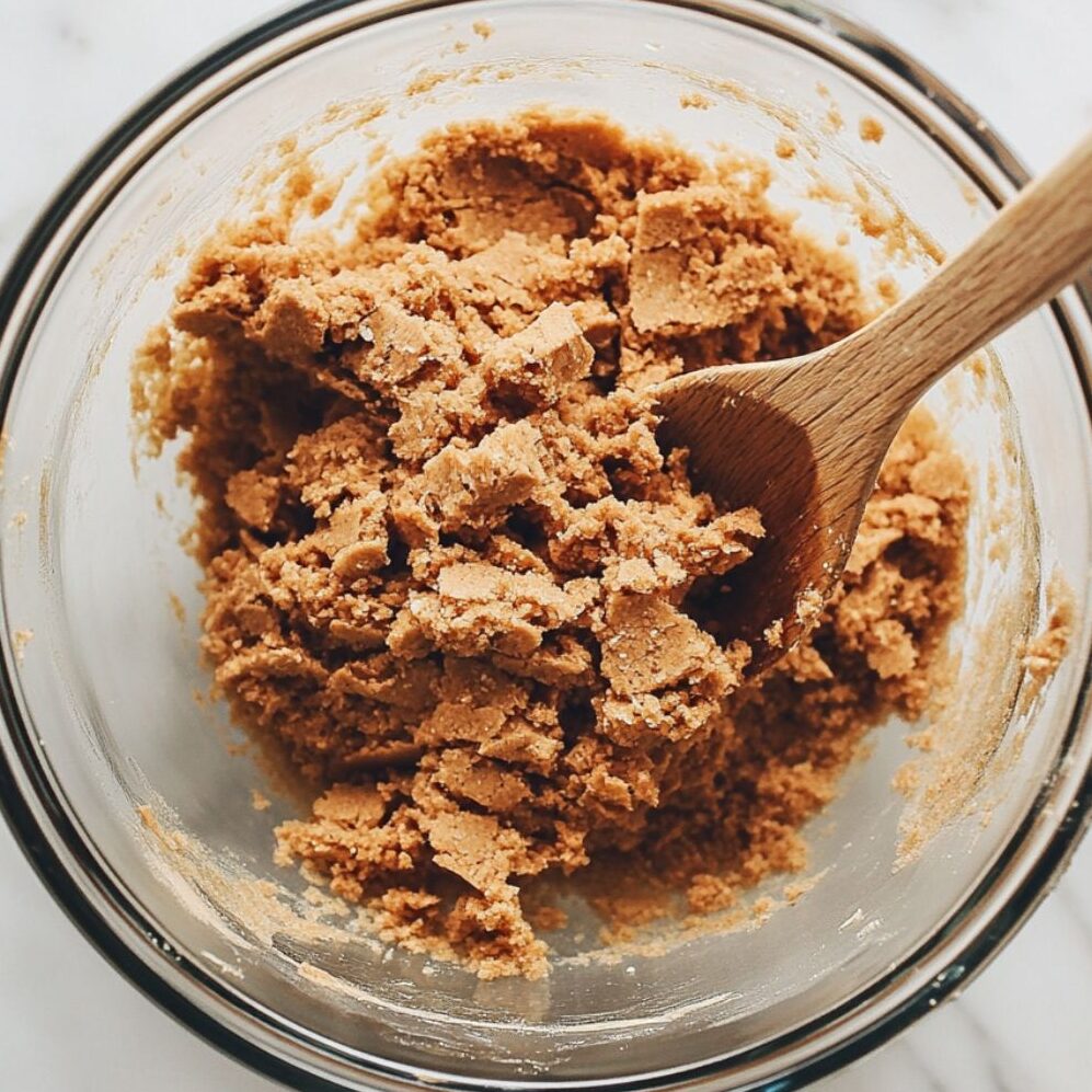 Crushed Biscoff cookies and butter in a glass bowl being mixed for cheesecake crust.