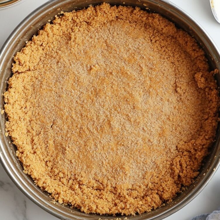 Homemade graham cracker crust pressed in springform pan on marble counter