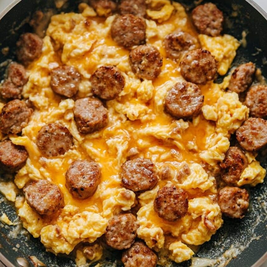 Sausage and scrambled eggs cooking in a skillet with cheese melted in