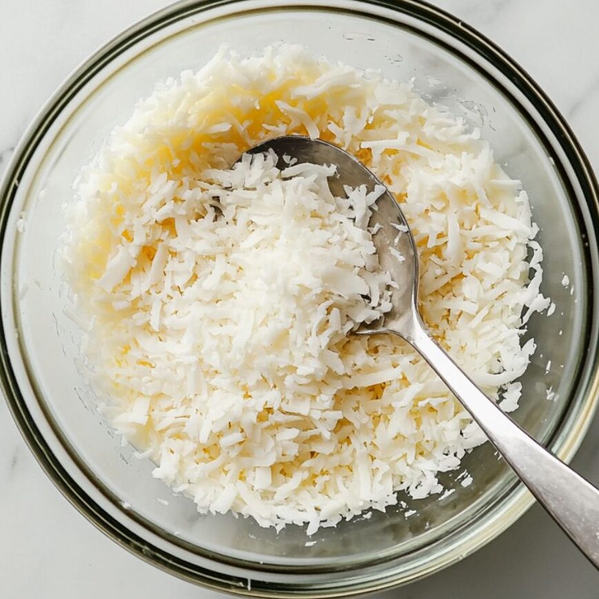 Mixing base ingredients for coconut macaroons in a glass bowl on a white counter