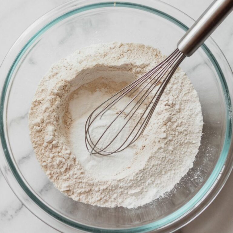 Dry ingredients mixed in a glass bowl on a white kitchen counter