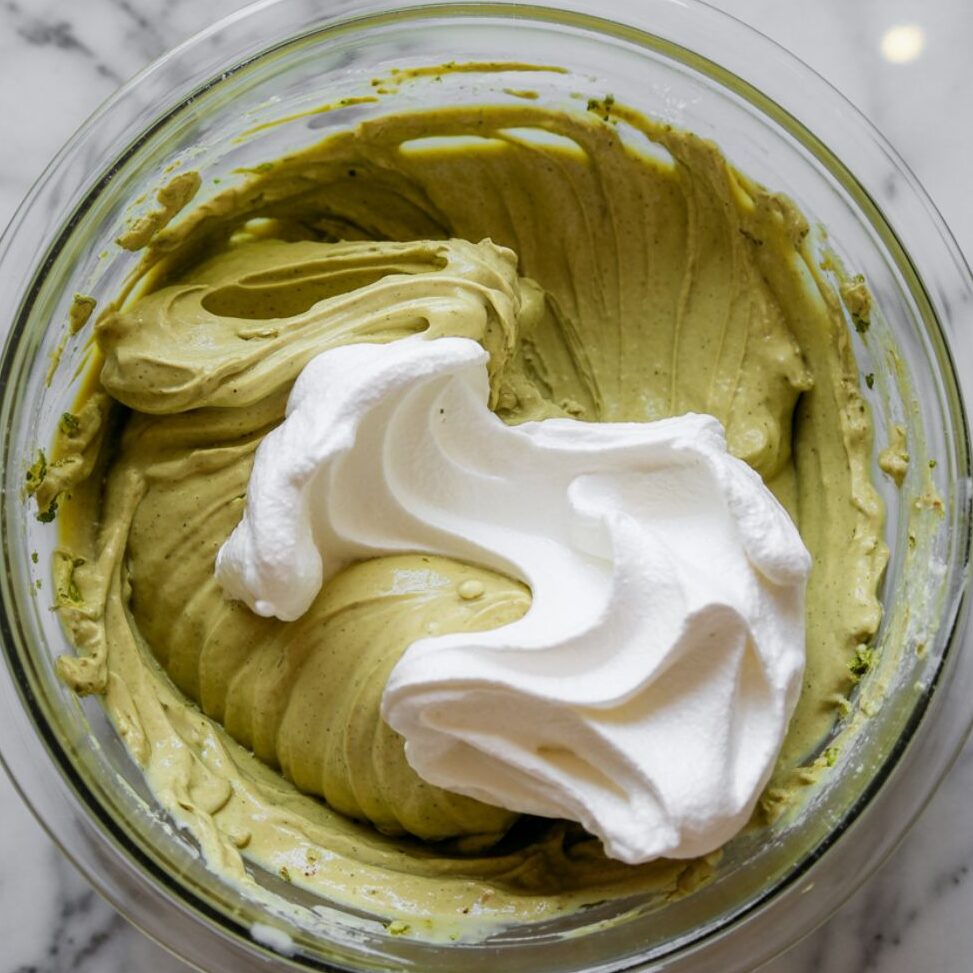 Close-up of pistachio cream being folded with whipped cream in a glass bowl on marble countertop