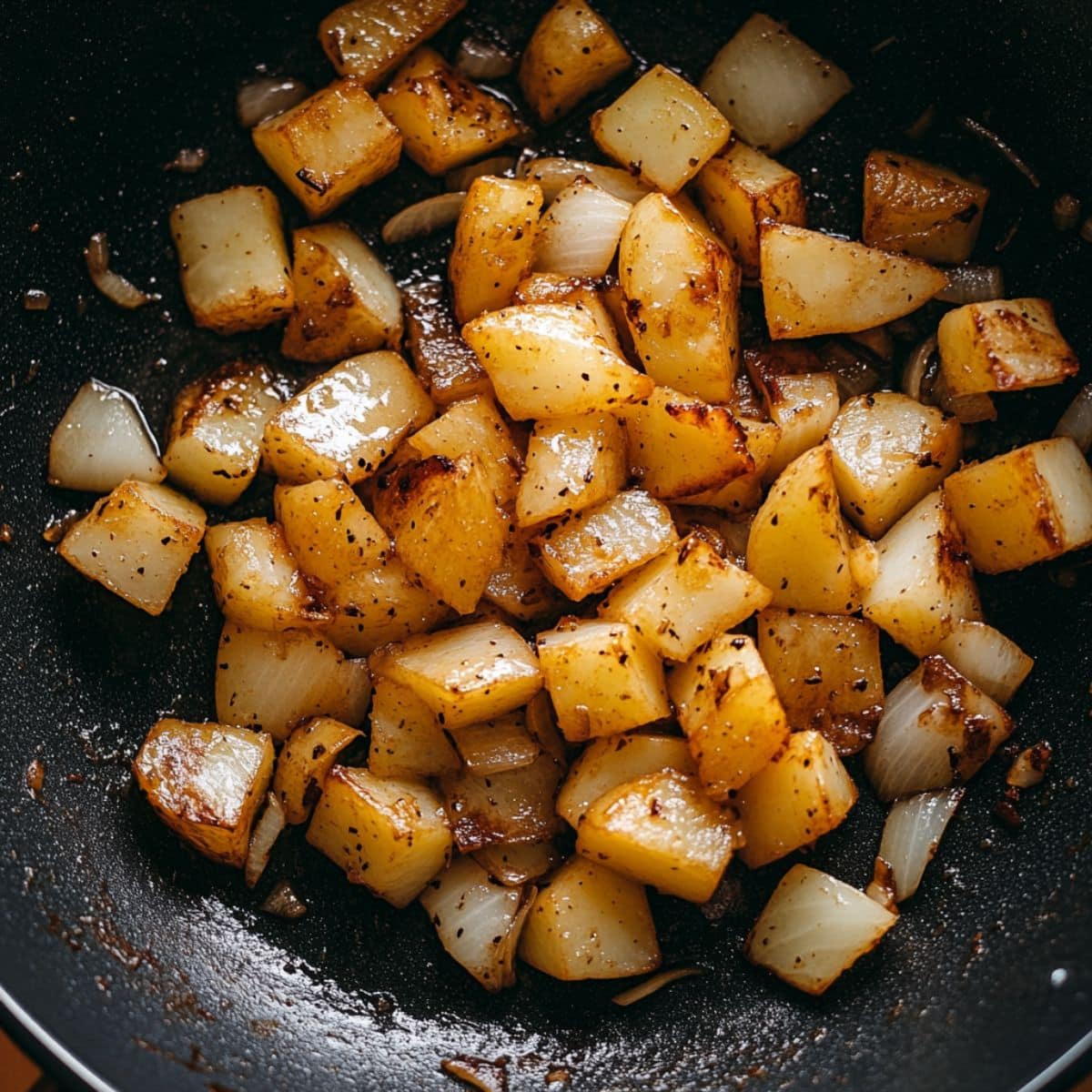 Potatoes and onions gently cooking in olive oil in a glass pot for Tortilla Española.