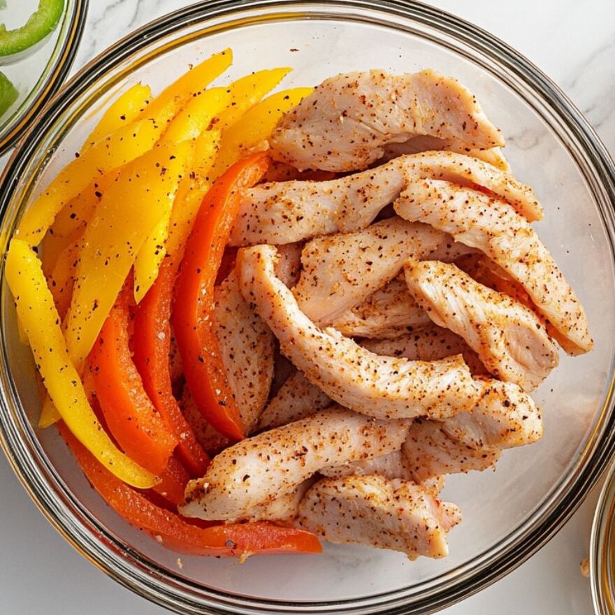 Seasoned chicken with sliced peppers and onions ready to cook
