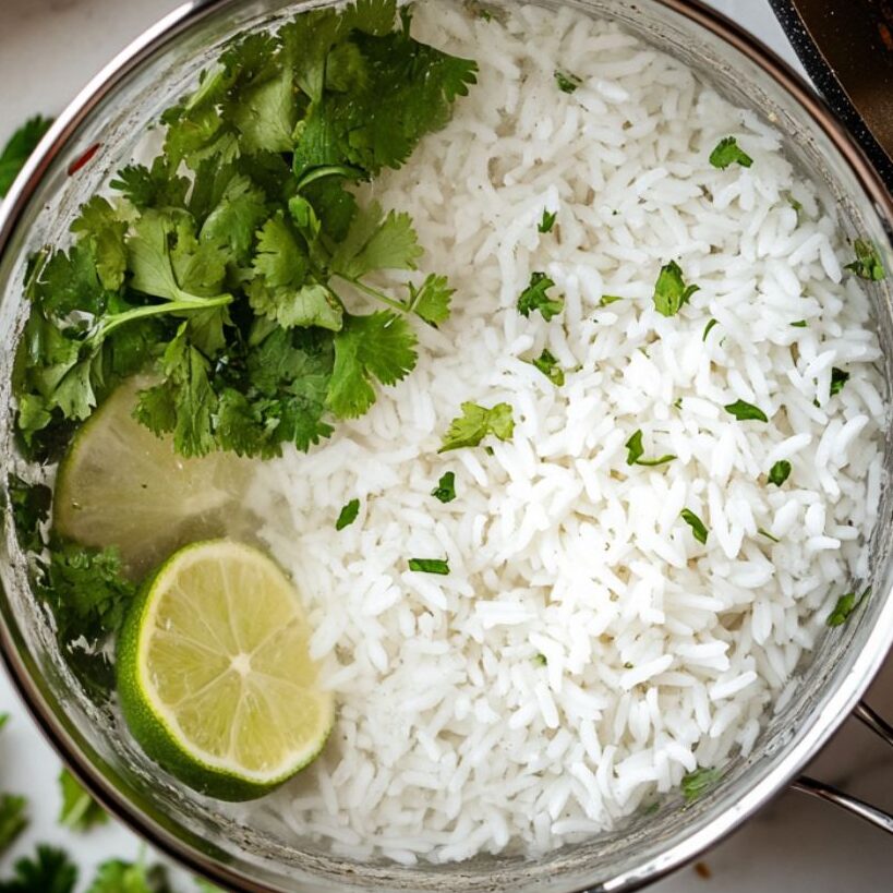 White rice simmering in a glass pot on a marble countertop, with cilantro and lime beside it.