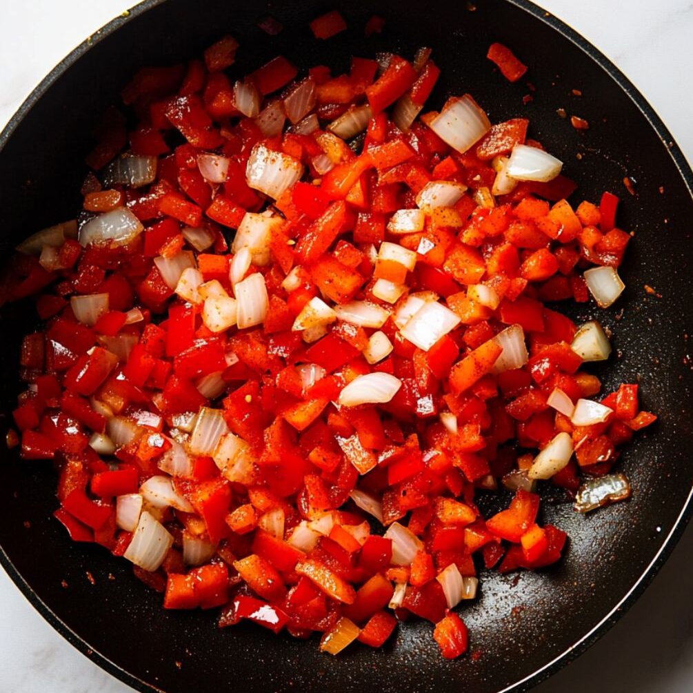 Onions and peppers sautéed with spices in a skillet