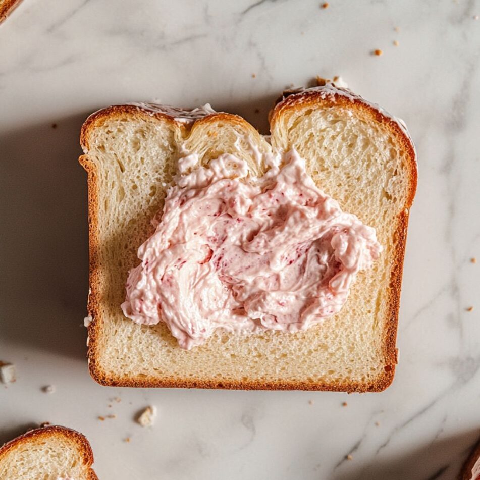 Bread slices being stuffed with strawberry cream cheese filling