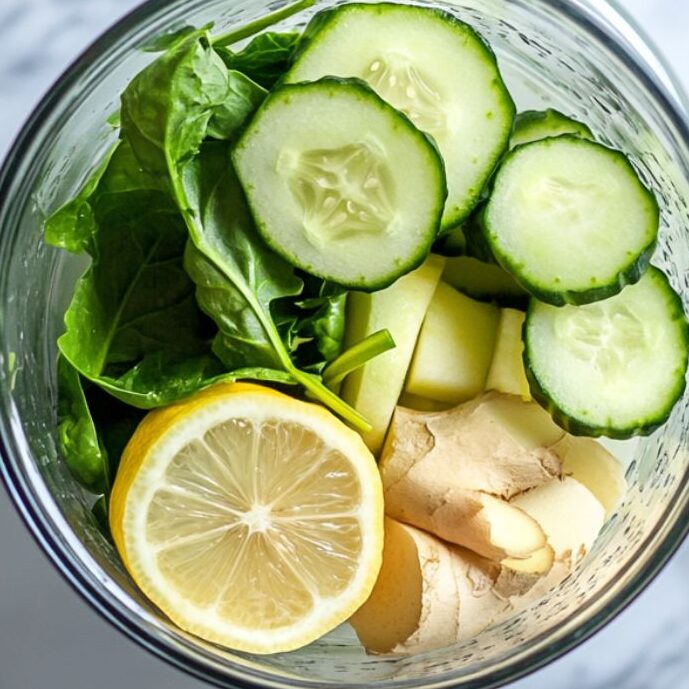 Layered smoothie ingredients in blender ready to blend.
