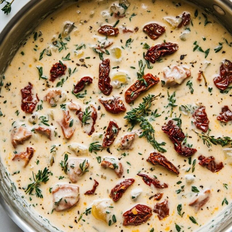 Creamy Tuscan sauce with sun-dried tomatoes simmering in a skillet