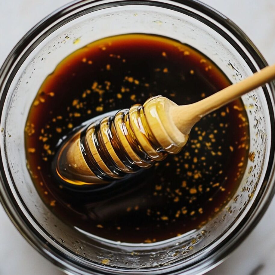Small bowl of balsamic vinaigrette ingredients being whisked together on a white marble counter.