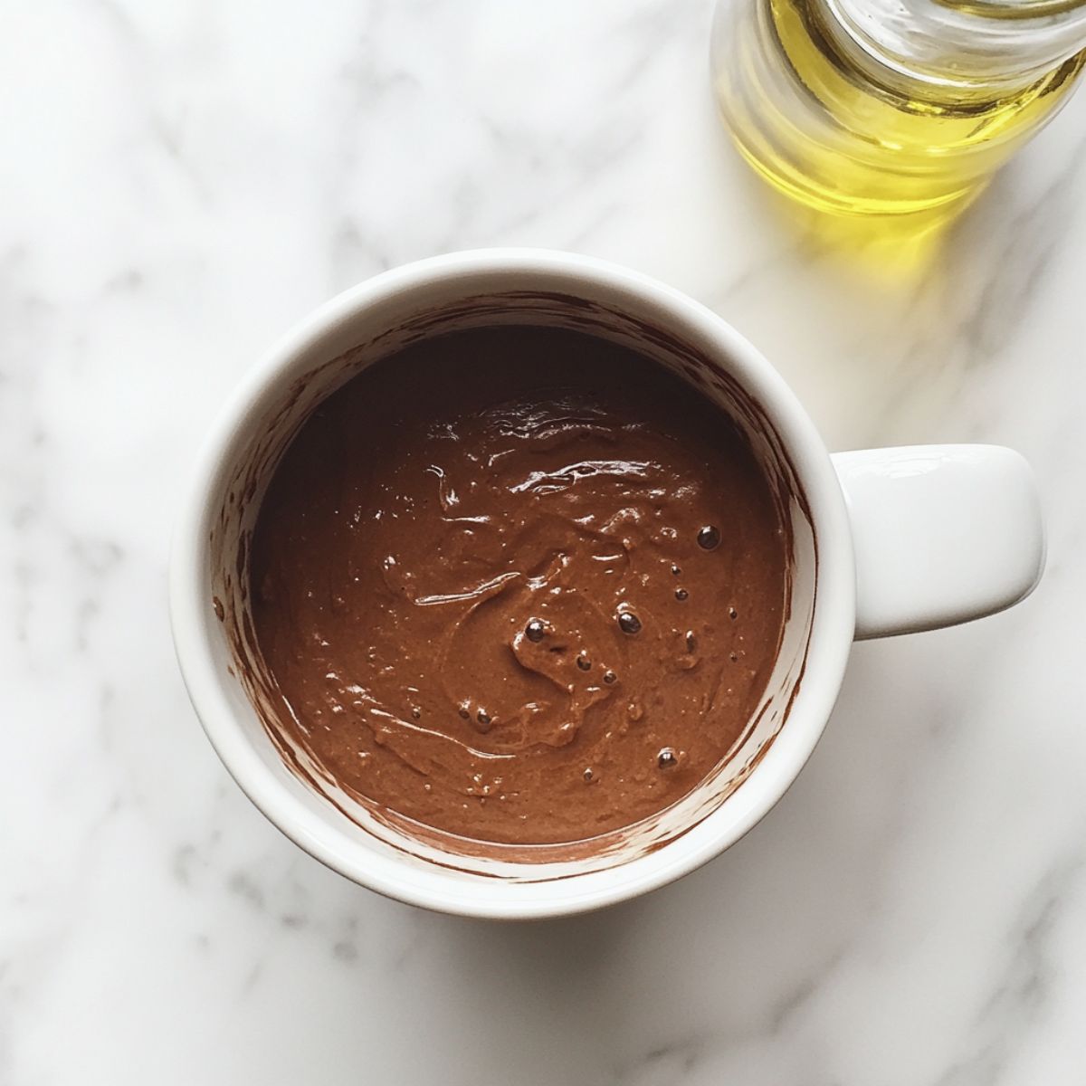 A hand placing a mug of cake batter into a microwave on a marble counter