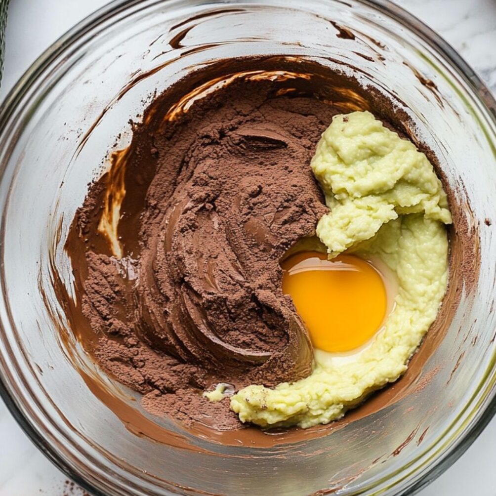 Mixing all ingredients in one bowl to make fudgy avocado brownie batter