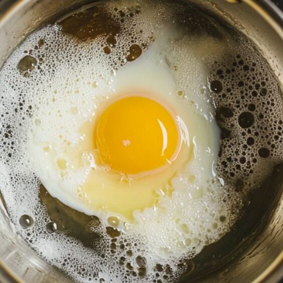 Poaching eggs in a glass pot with water and vinegar on the stove