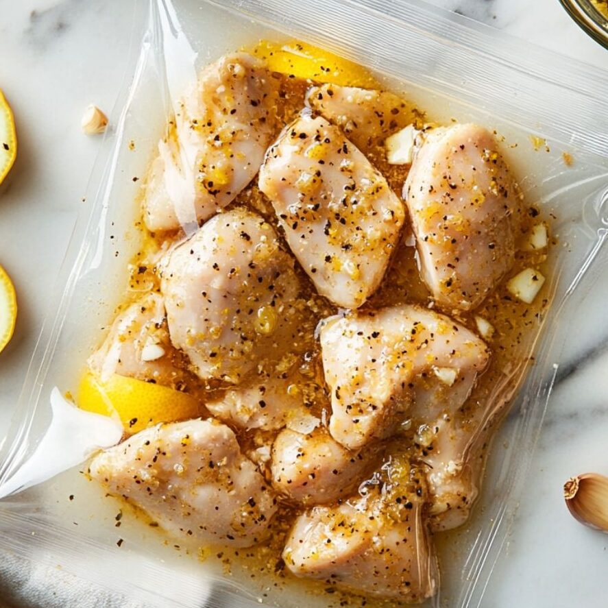 Chicken being marinated in a zip-top bag with lemon garlic marinade on a white kitchen counter.