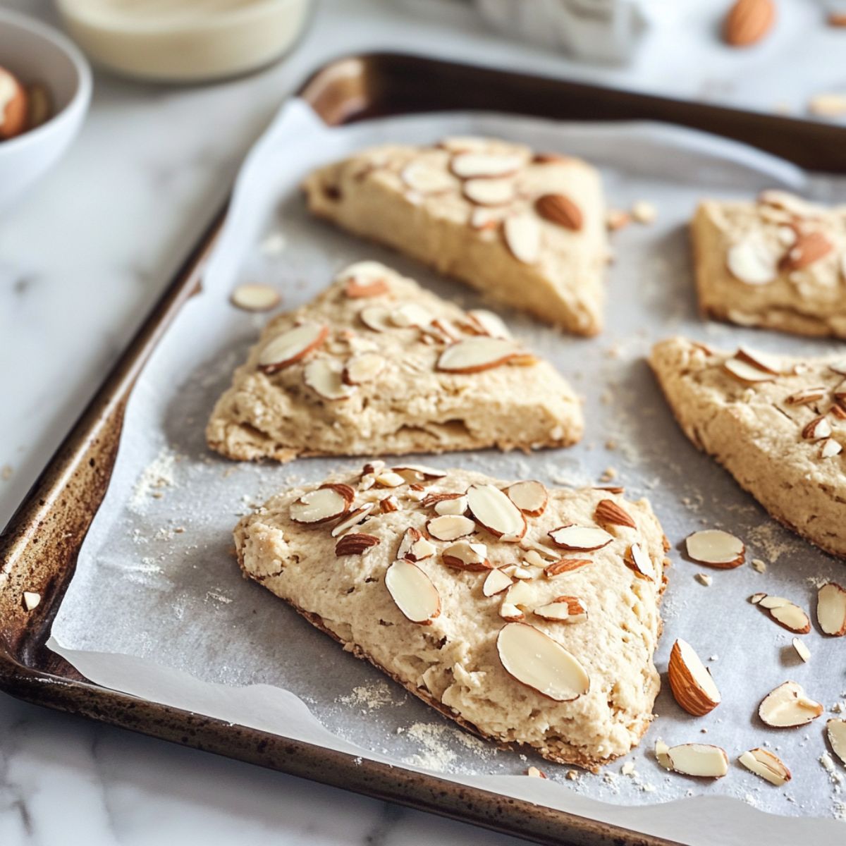 Almond scone dough shaped into wedges on parchment paper, ready to bake