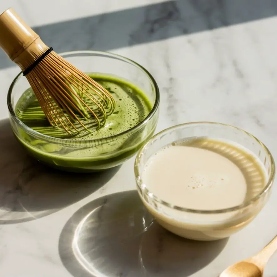 Ceremonial matcha being whisked into a green froth beside cold milk