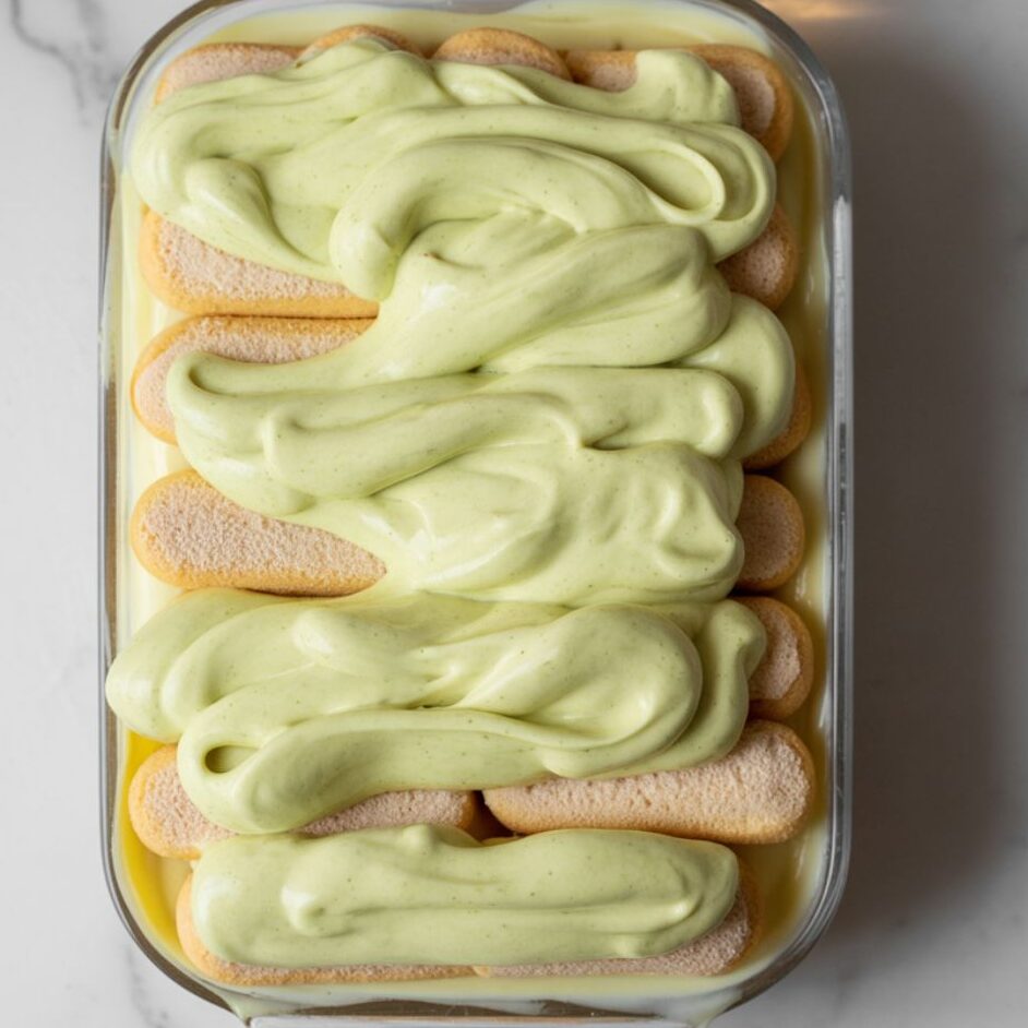 Top-down view of ladyfingers and pistachio cream being layered in a glass dish