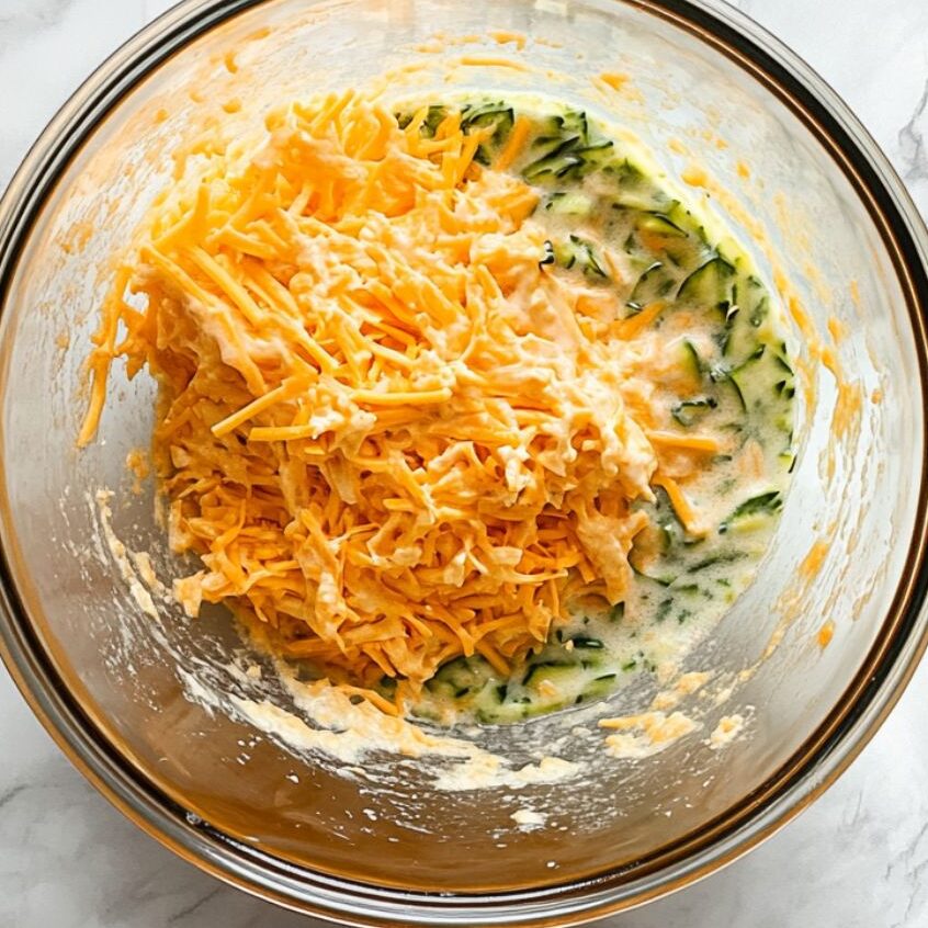 Wet ingredients, zucchini, and cheddar folded together in a glass bowl