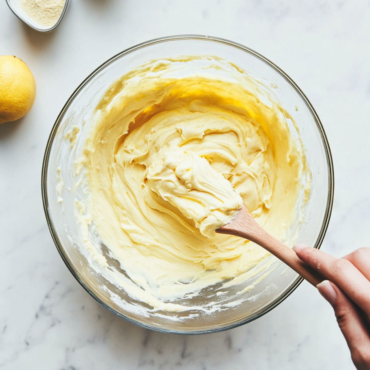 Creamy lemon filling being folded in a glass bowl